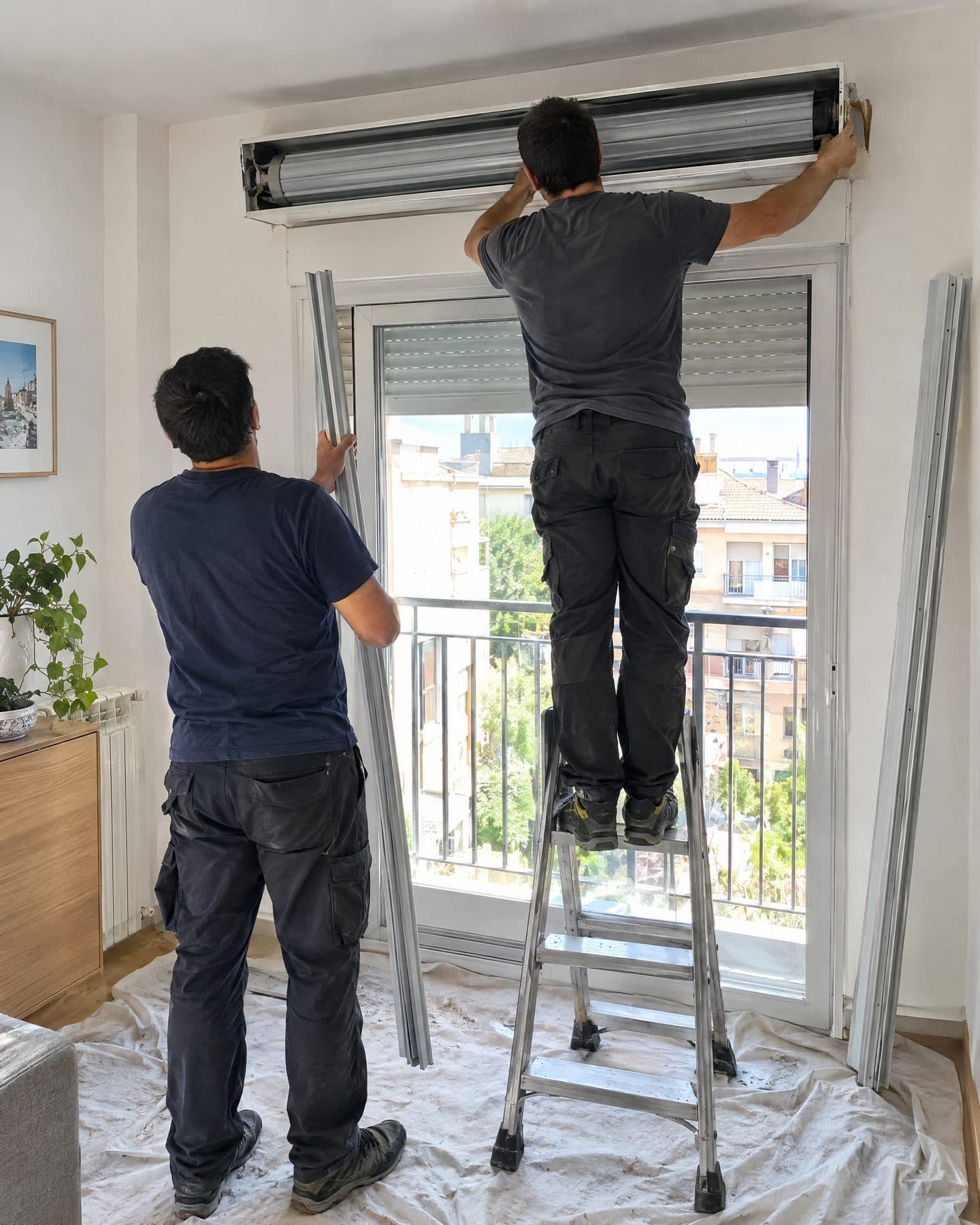 Dos técnicos de espaldas montando el cajón y las guías de una persiana sobre una puerta de balcón