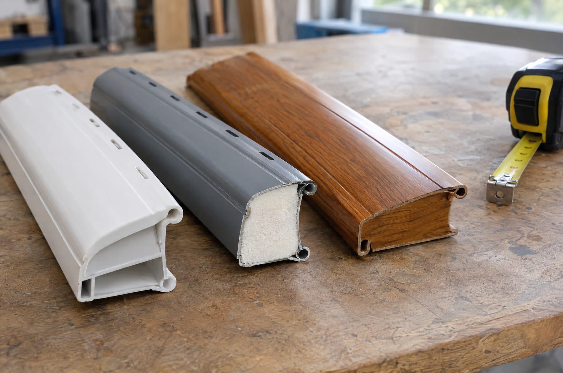Tres muestras de lama de persiana sobre una mesa de taller: PVC blanco, aluminio gris con espuma aislante y madera, junto a un flexómetro