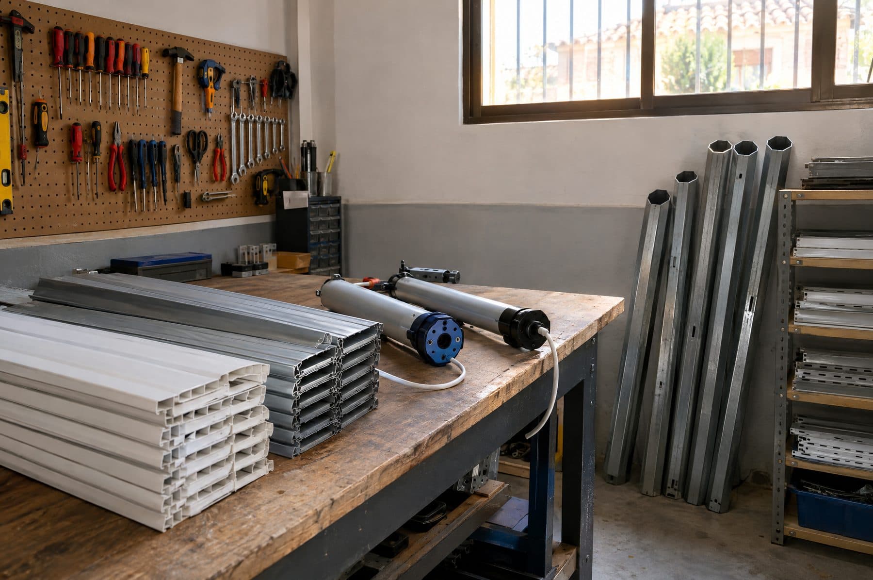 Taller de persianas con lamas de aluminio y PVC apiladas, motores tubulares, ejes octogonales y herramientas en un panel